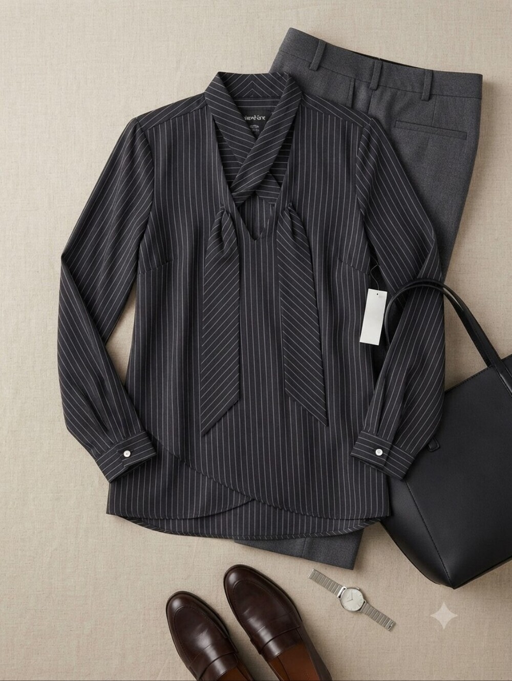 Karen Kane Black & White Pinstripe V-neck Tie Long Sleeve Blouse